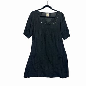 Beau bois Black Casual Short Dress Square Neck Flower Embroidery Plus Slip Med